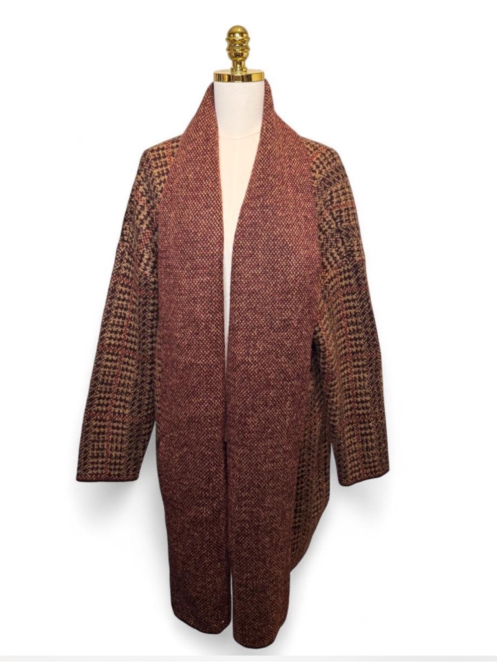 Lety & Me Long Open Front Cardigan Sweater | 3X | Burgundy Plaid